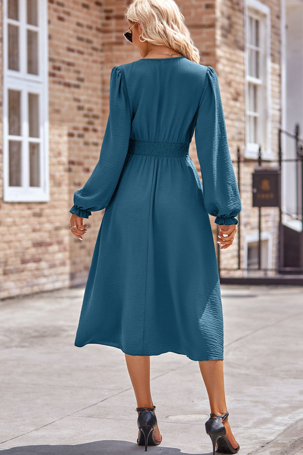 Smocked V-Neck Flounce Sleeve Midi Dress 1ff96b3b-5465-49b2-8a11-c0b7ce8f402b-Max Glownestbest