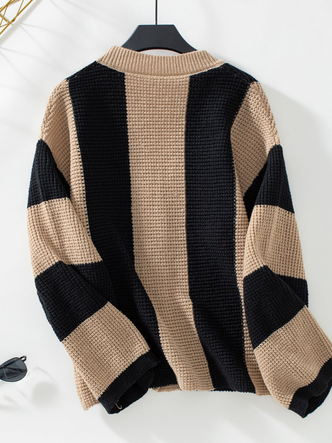 Waffle-Knit V-Neck Striped Long Sleeve Cardigan 20370b6e-4a5f-420c-8f12-00edfa1dc04d-Max Glownestbest