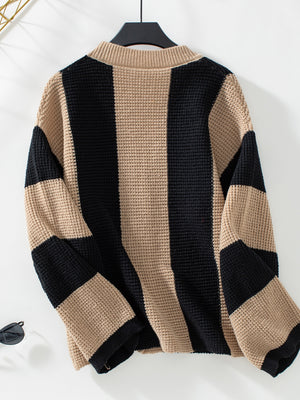 Waffle-Knit V-Neck Striped Long Sleeve Cardigan 20370b6e-4a5f-420c-8f12-00edfa1dc04d-Max Glownestbest