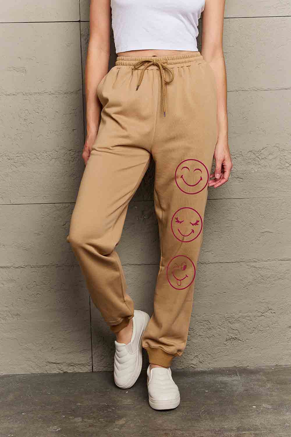 Simply Love Full Size Emoji Graphic Sweatpants Khaki 2042a544481f4fca9fd7ad7815f7c18a-Max Trendsi