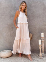 Ruffled Sleeveless Tiered Maxi Dress with Pockets Tan 2081361c-d709-47fa-b6ca-849082289c9f-Min Glownestbest