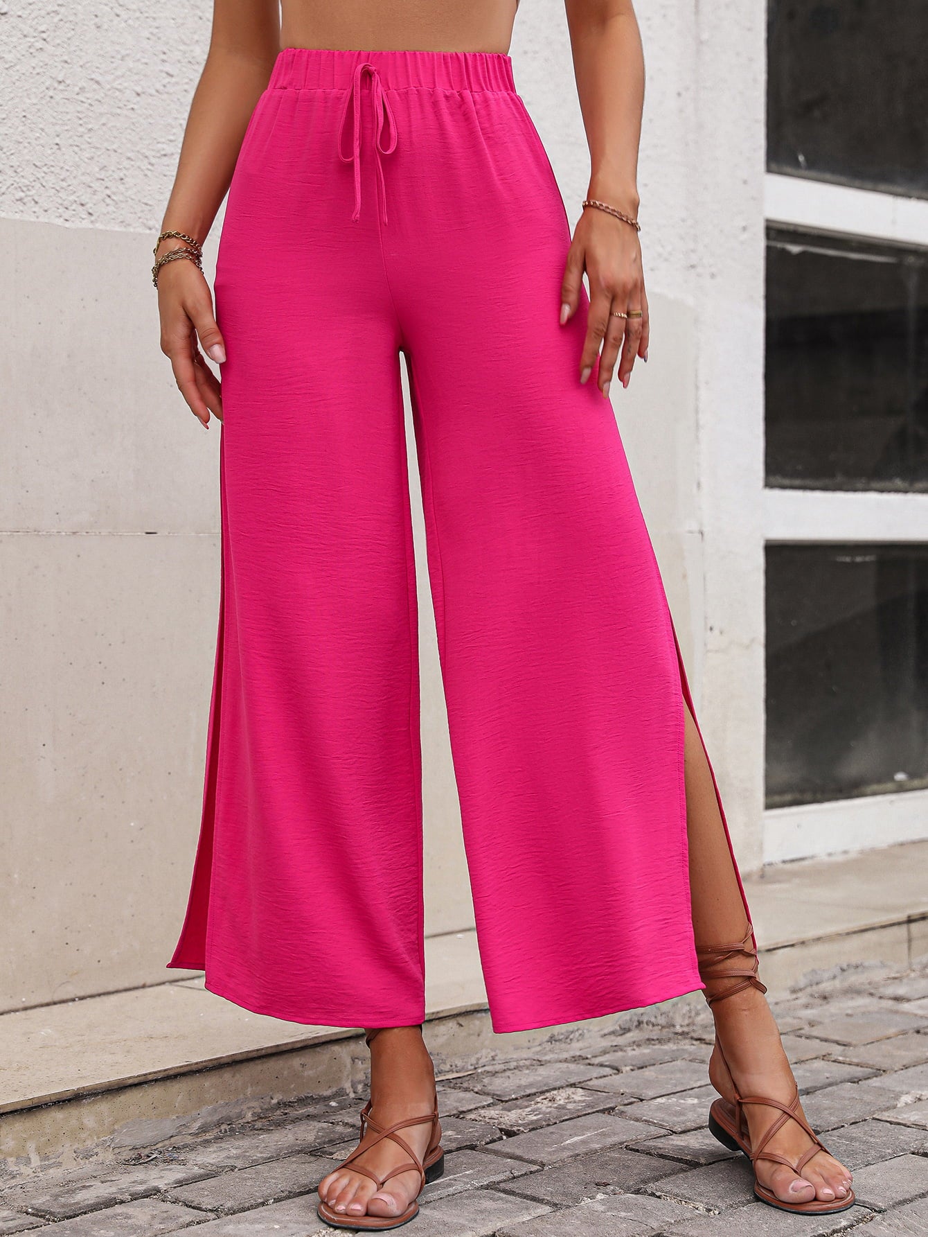 Honey High Waist Slit Wide Leg Pants Hot Pink 20efa6f89af2448884bed2bf0ccb9f10-Max Trendsi