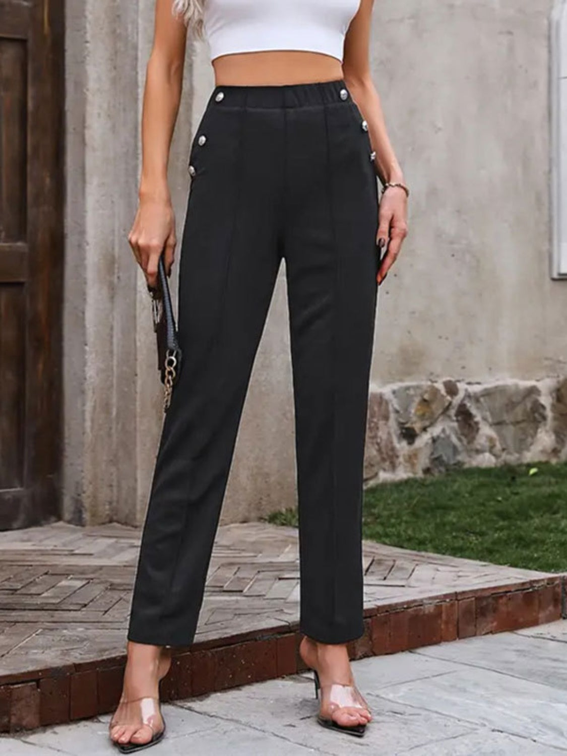 Decorative Button Elastic Waist Pants Black 2102ed53-aa06-4ecf-8b5e-d2a231c3b581-Max Trendsi