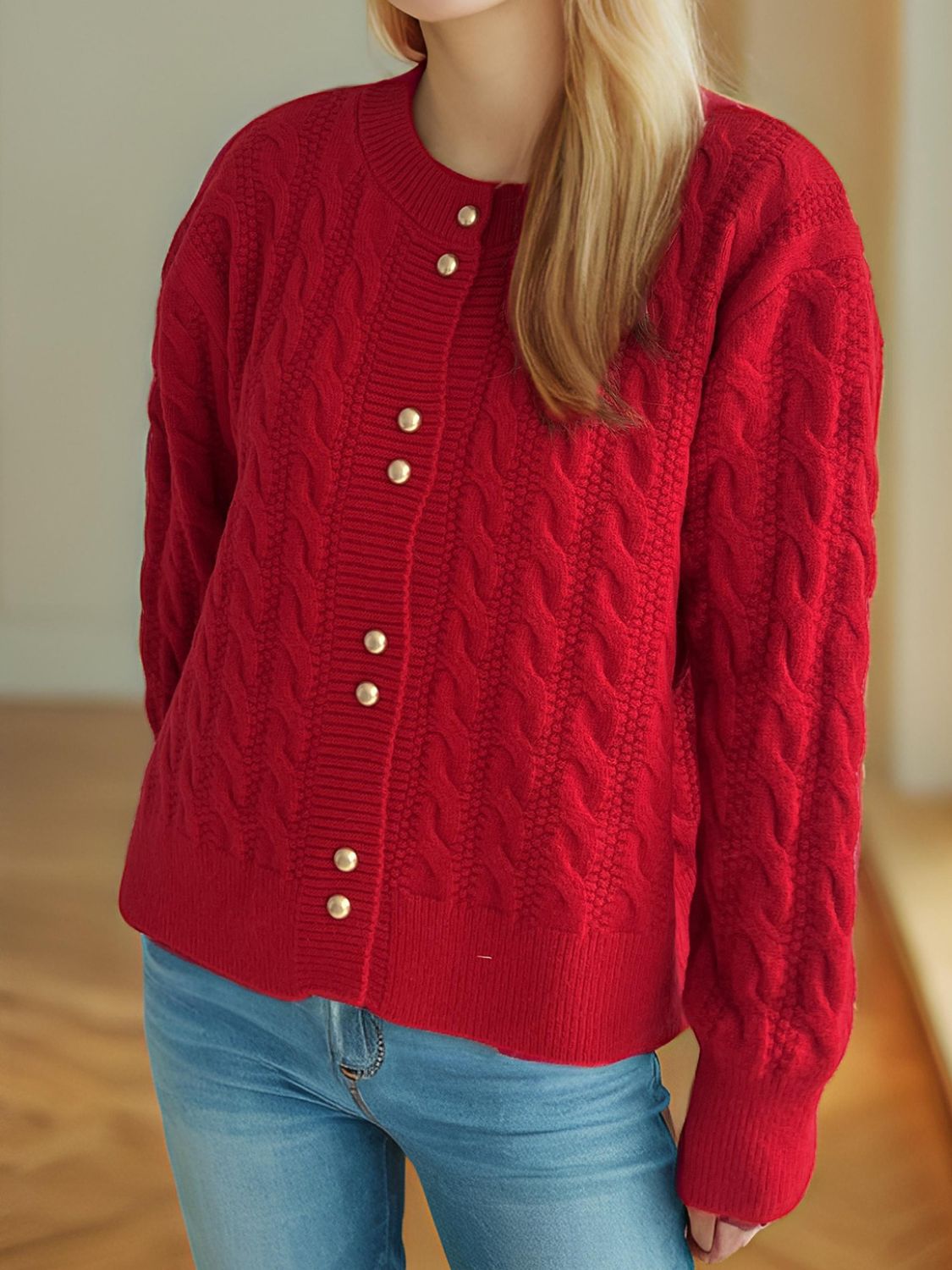Cable-Knit Round Neck Long Sleeve Cardigan 211c997f-8f39-4768-aa30-c7bf903e8117-Max Glownestbest