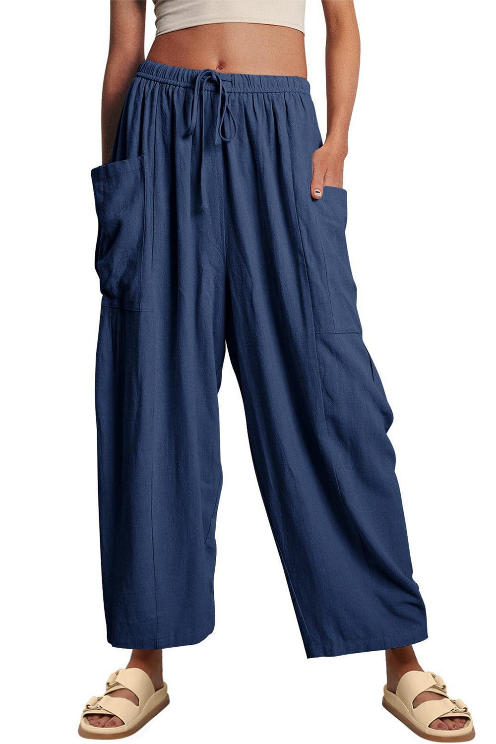 Full Size Pocketed Drawstring Wide Leg Pants Dark Blue 21620068-8908-431d-9eae-e124b07a22ba-Max Trendsi