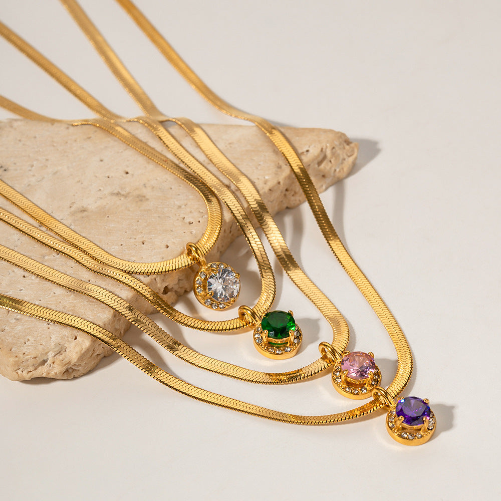 18k gold fashion light luxury flat snake chain with double three-dimensional zircon pendant design pendant necklace 2165b288-1193-4e39-a3d0-a6de458a200b Artshiney