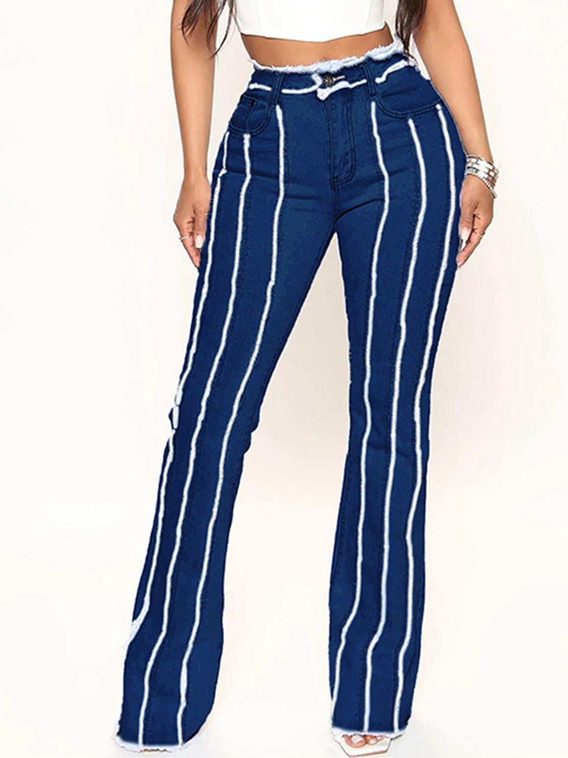 Striped Raw Hem Jeans Dark 2187a9fa2b0f4f69952a1225ddc8fee2-Max Trendsi