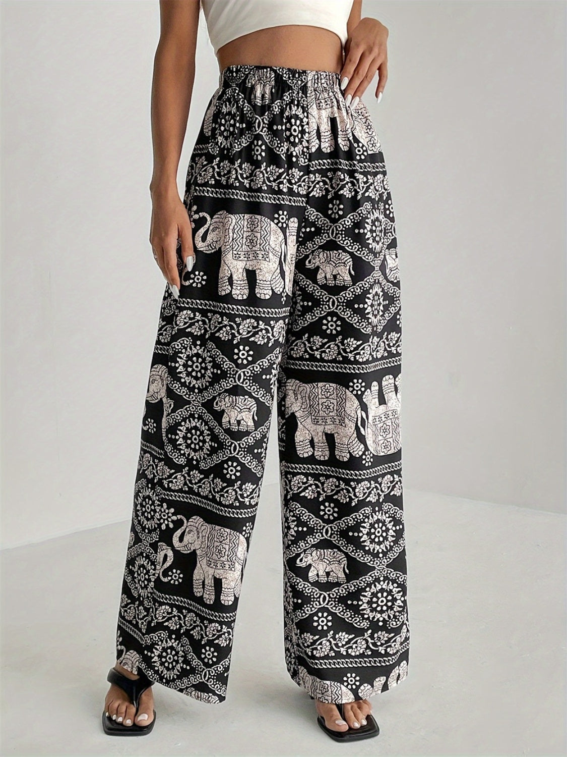 Printed Wide Leg Elastic Waist Pants 21c69761-208f-4f19-a153-01095cf0e558-Max Trendsi