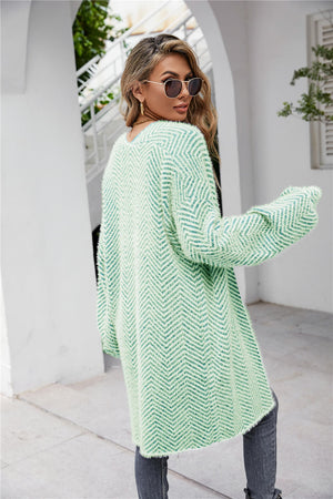Glownestbest® | Herringbone Pattern Open Front Longline Fuzzy Cardigan 222b1e316b9546d1bdba99145ceee345-Max Glownestbest