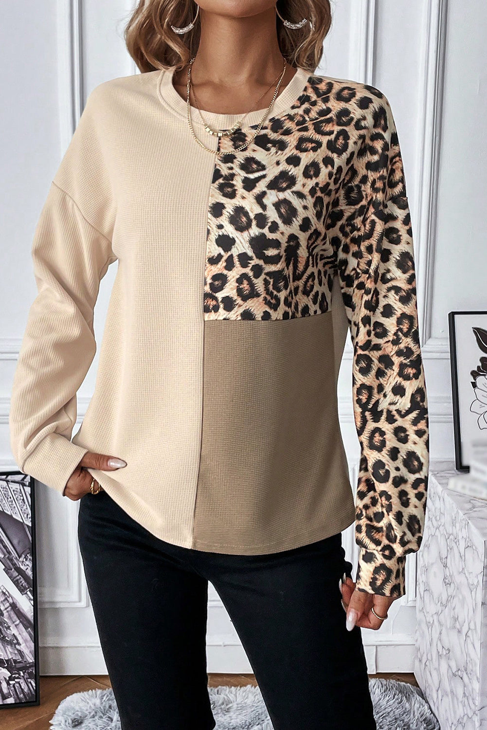 Glownestbest ® | Leopard Waffle Knit Long Sleeve T-Shirt Tan 227b3a78-3563-4c72-bdf3-d8f00a90846a-Max Glownestbest