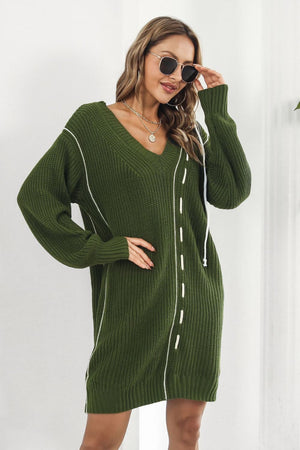 Contrast V-Neck Sweater Dress 2350474461ad4e8383c90cccd29bc431-Max Glownestbest