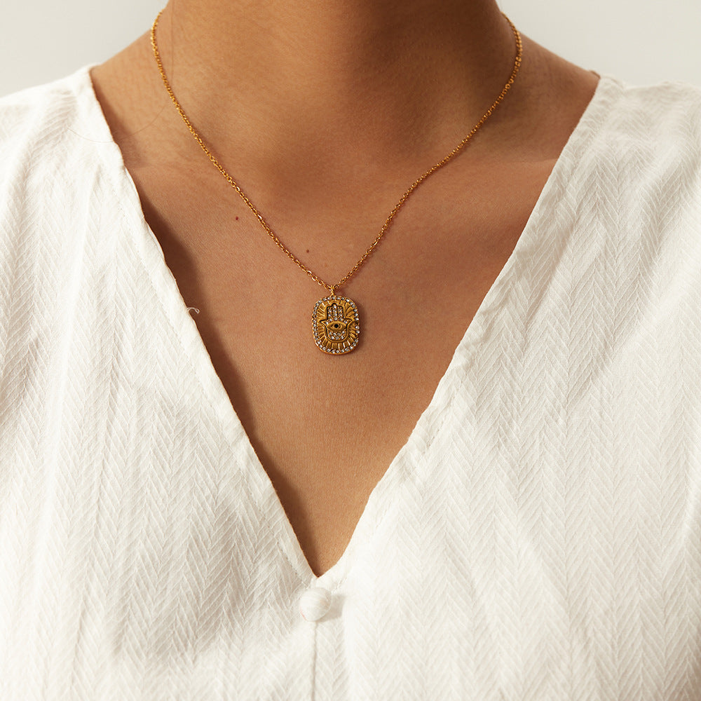 18K Gold Plated Geometric Transparent Zircon Palm Oval Eye Pendant Necklace 23650cbc-8c47-4606-beb5-d13723864a94 Artshiney