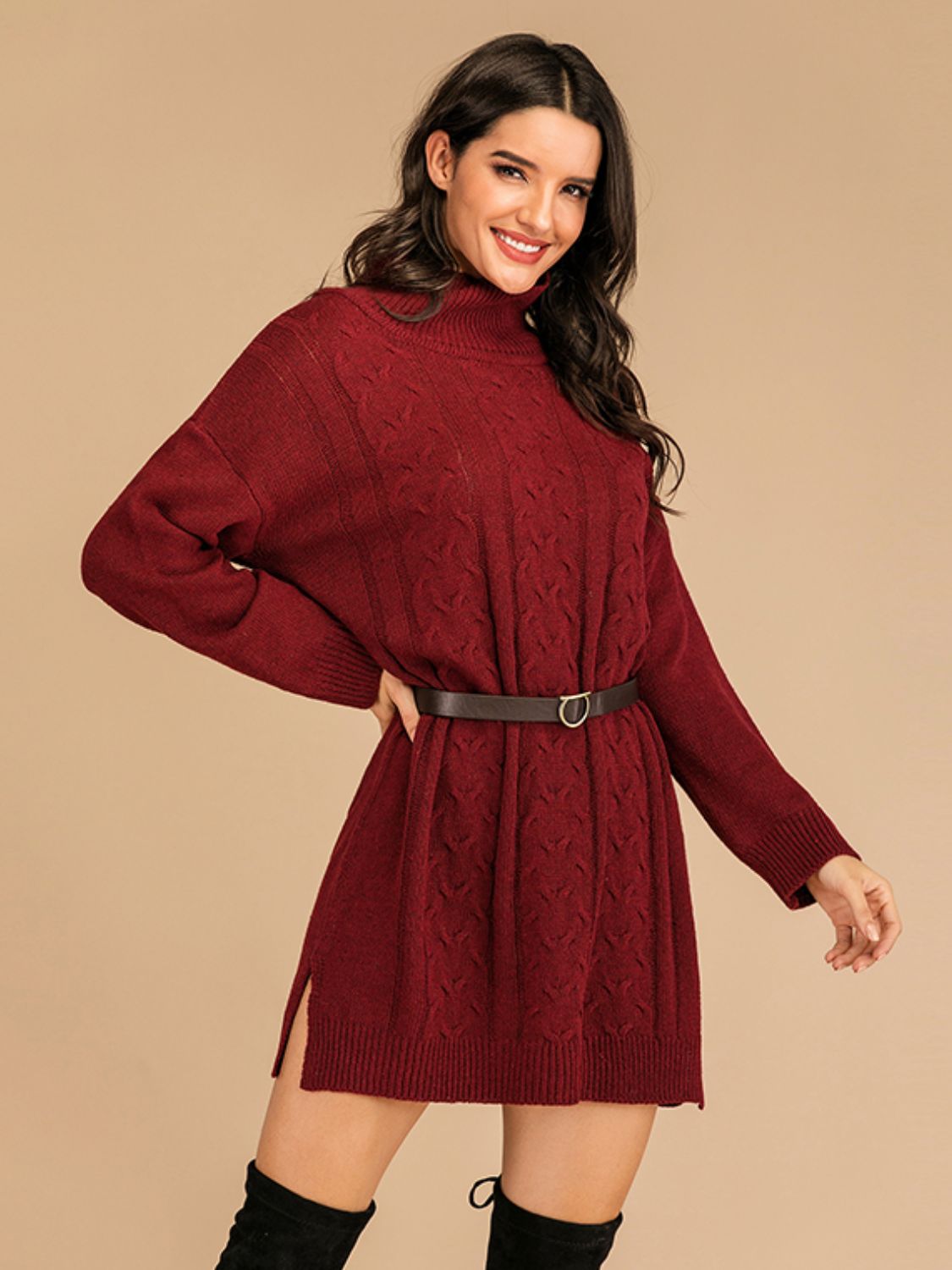 Perfee Slit Turtleneck Long Sleeve Mini Sweater Dress 23682ab2-36d4-40f7-b85c-5850f8e61c09-Max Glownestbest