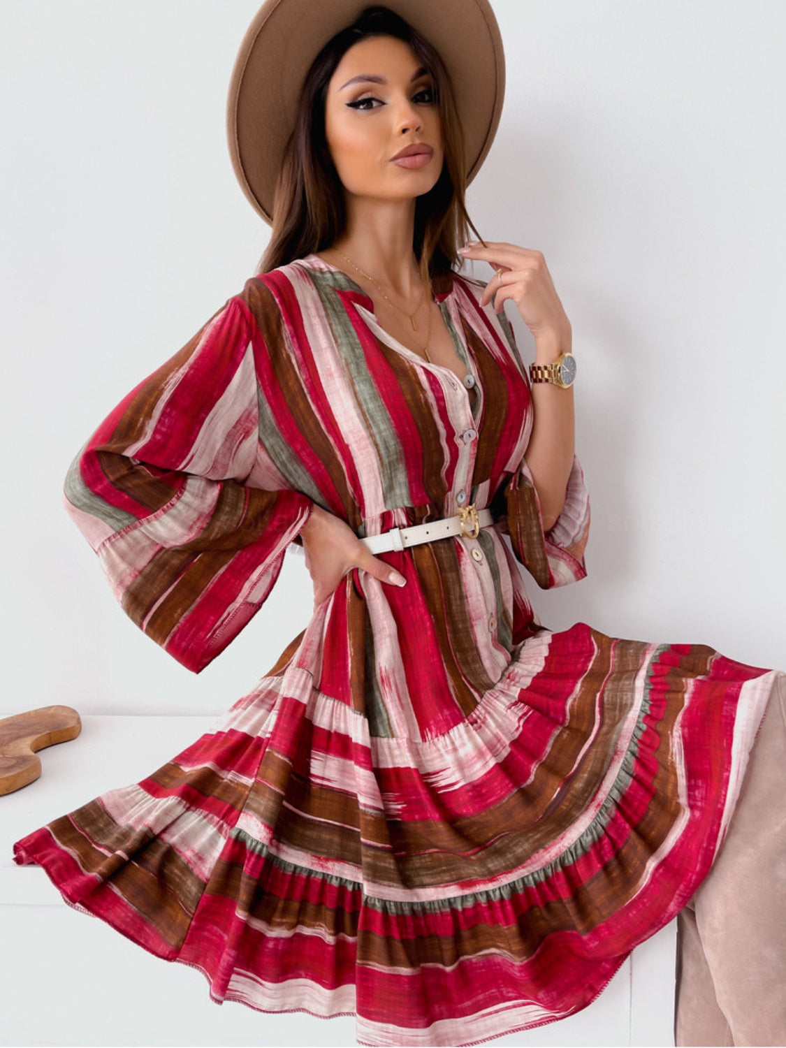 Buttoned Striped Long Sleeve Mini Dress 2499b1bd-84f3-46da-92ad-ba8f9fe4efb9-Max Trendsi
