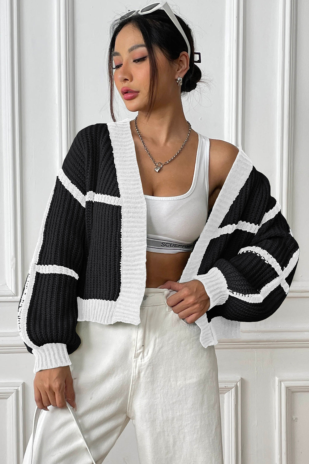 Glownestbest® | Contrast Open Front Long Sleeve Cardigan 24f7b343fc104a8ab93331fb2686049f-Max Glownestbest