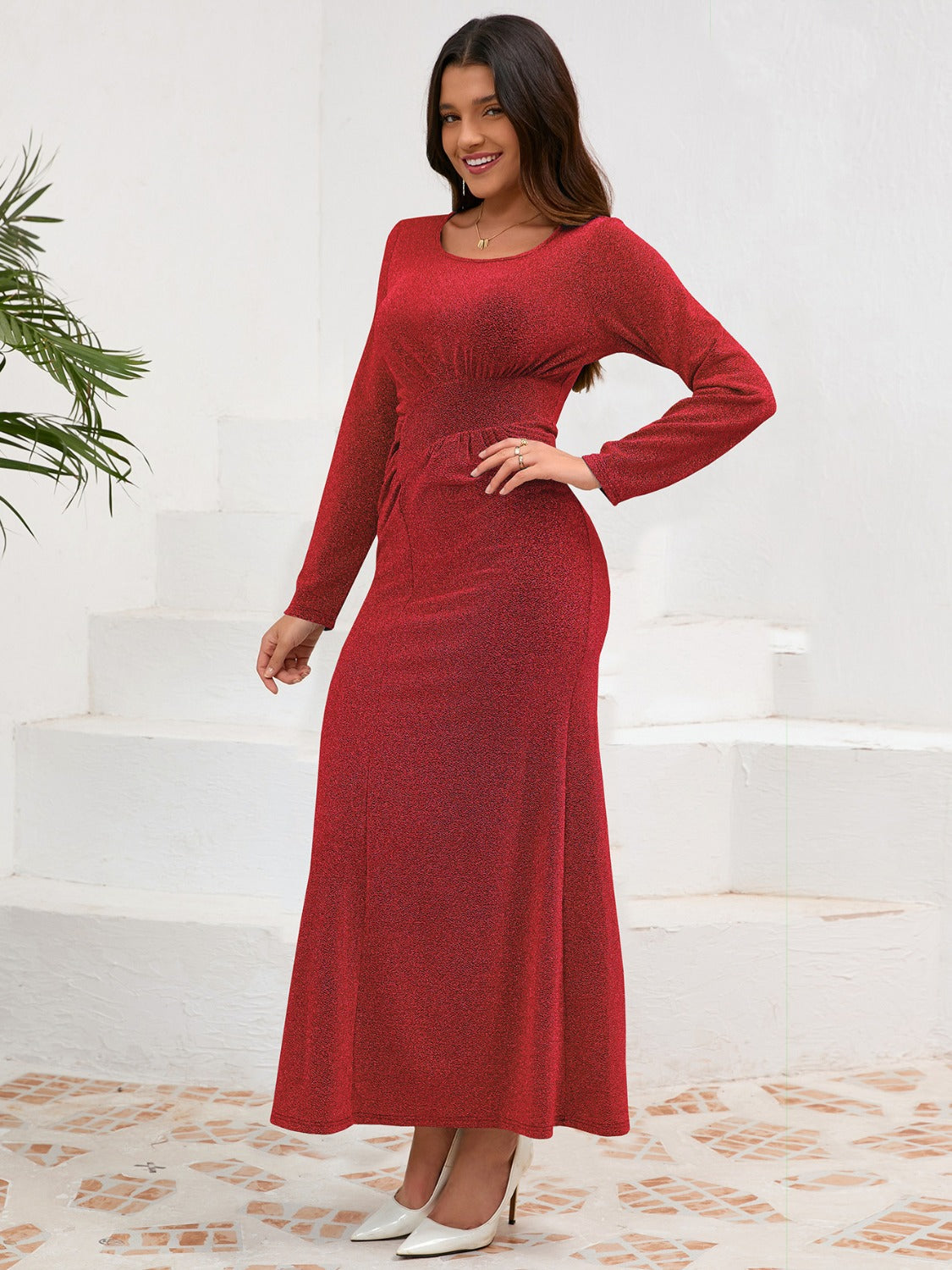 Ruched Round Neck Long Sleeve Dress 25e97ac0-b3e4-41bd-af23-17d92d0e68c4-Max Glownestbest