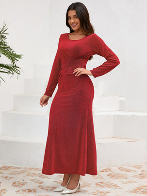 Ruched Round Neck Long Sleeve Dress 25e97ac0-b3e4-41bd-af23-17d92d0e68c4-Max Glownestbest