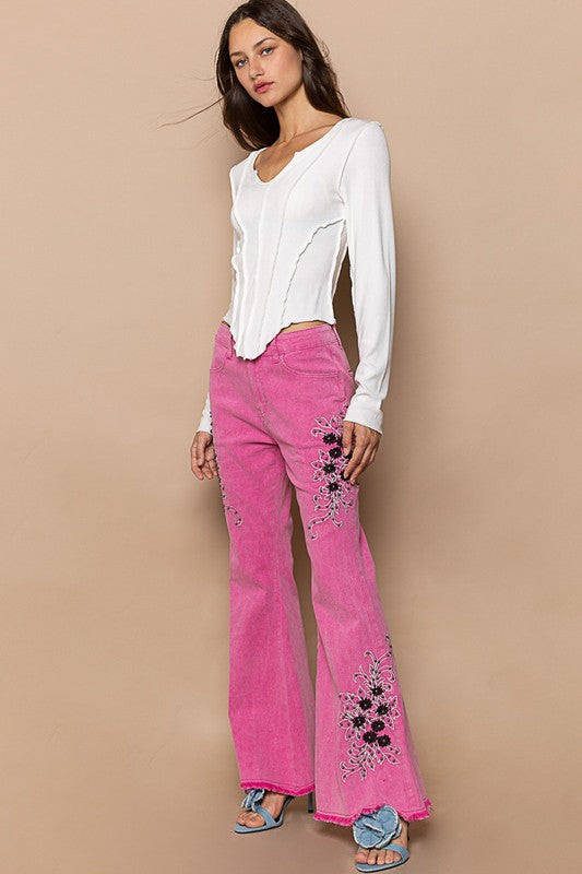 POL Raw Hem Embroidered Flare Pants 2748ad89-9ae5-4463-90f8-06d04363ae2c-Max Trendsi