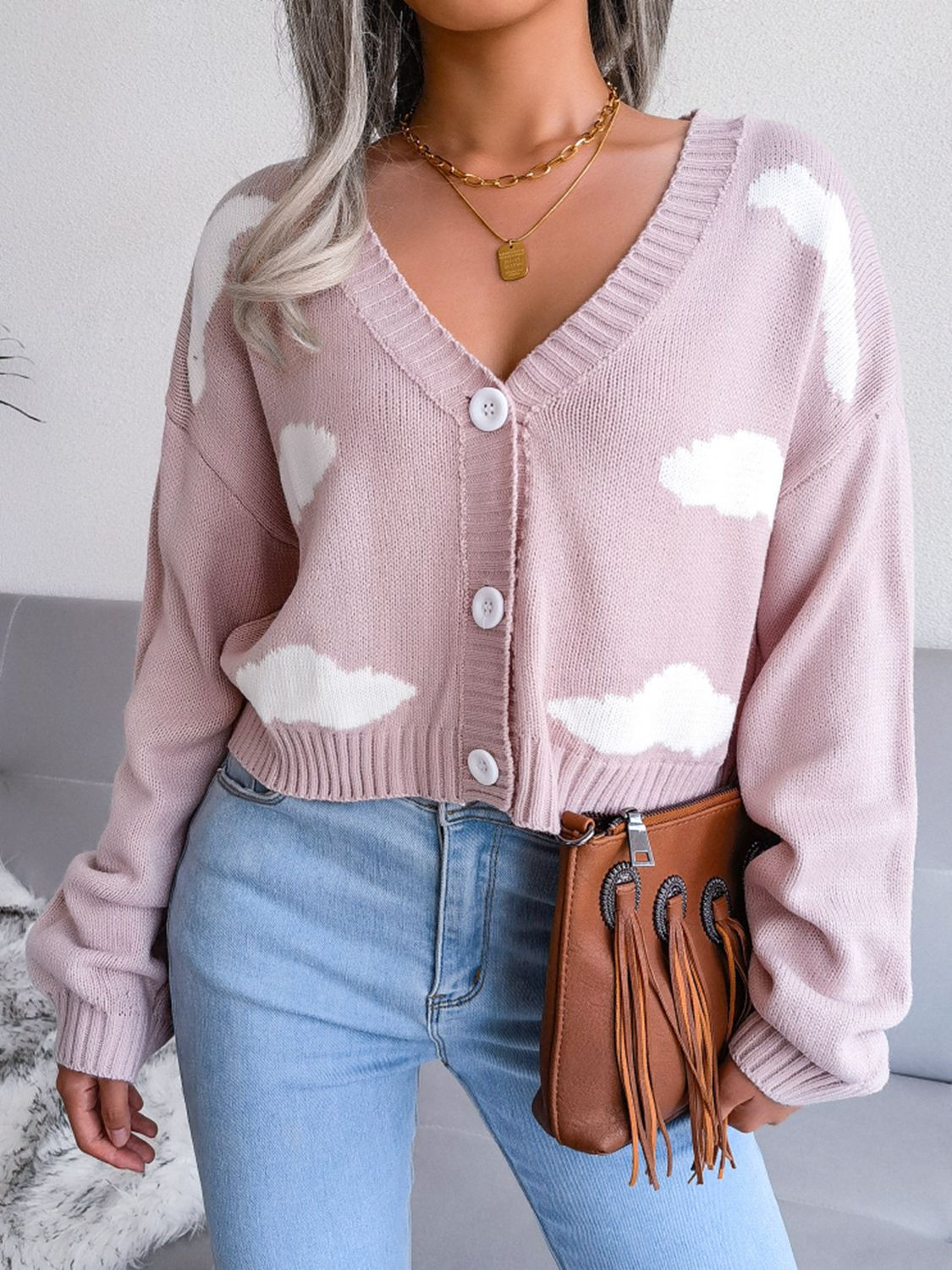 Cloud Print Button Down Ribbed Trim Cardigan 27a42463eb8d4296baff601216a1b788-Max Glownestbest