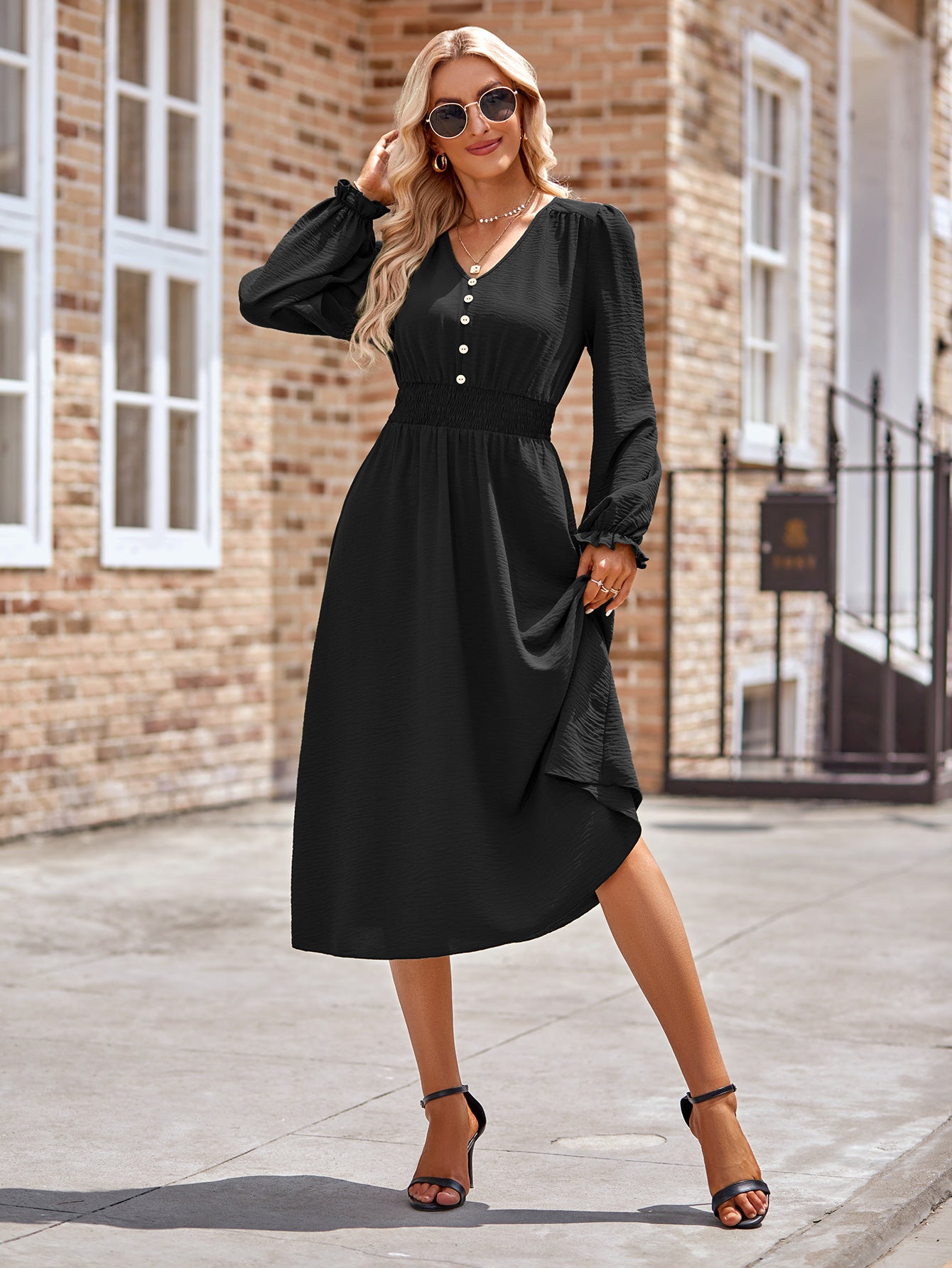Smocked V-Neck Flounce Sleeve Midi Dress 27dc6f92-c358-45ee-a965-dbb19f668c7c-Max Glownestbest
