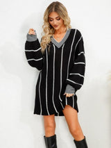 Striped V-Neck Long Sleeve Mini Dress Black 27e47bde-2c56-441a-9f67-193538169b1a-Max Glownestbest