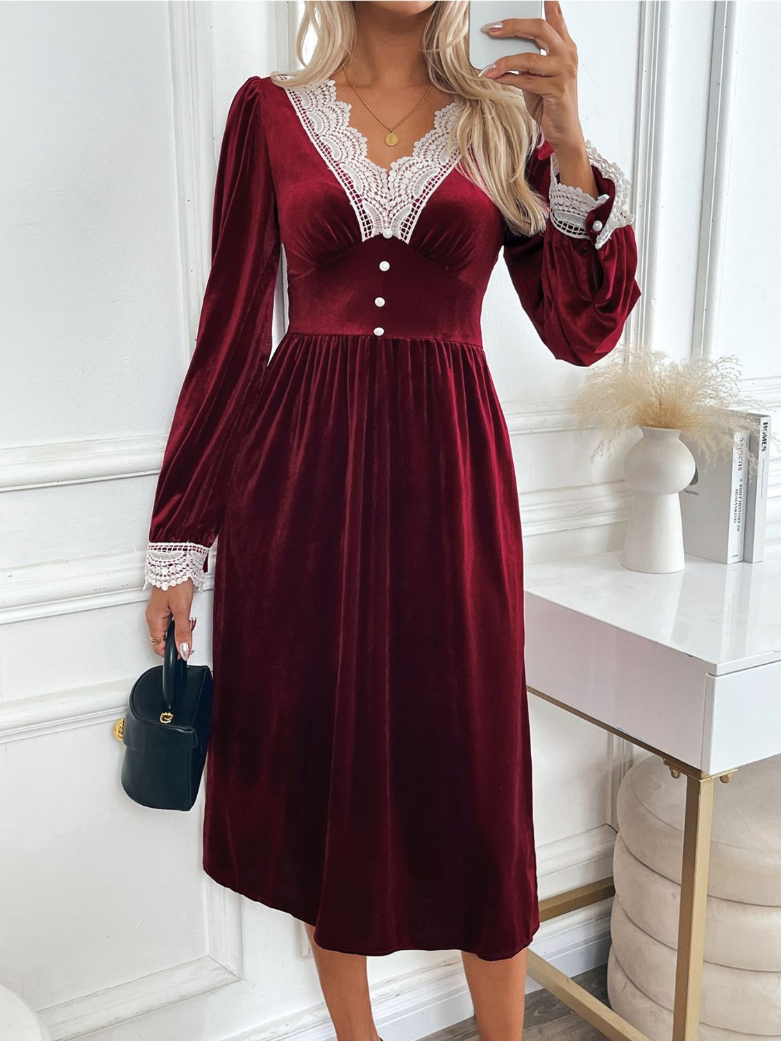 Perfee Lace Detail V-Neck Long Sleeve Midi Dress Burgundy 2879eca8-fb3b-4e8b-9625-b9f9126eccfd-Max Glownestbest