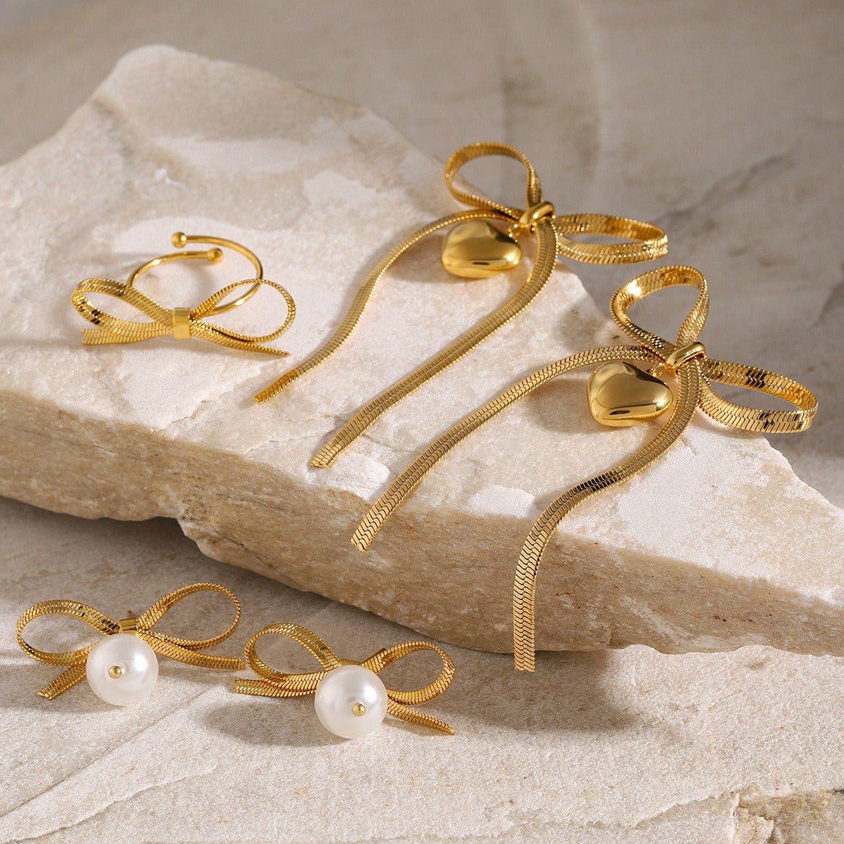 18K gold elegant bow design ring necklace bracelet earrings set 28935632-b0b9-4b49-a46c-1255cd56f5ff Artshiney