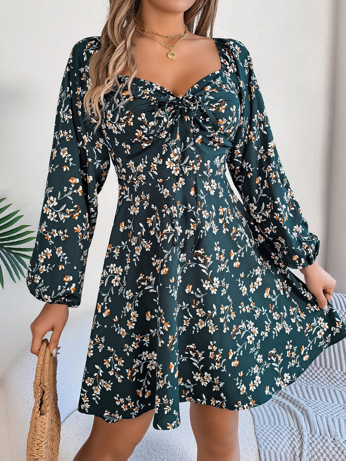 Printed Sweetheart Neck Balloon Sleeve Mini Dress 28f36fc9-71c4-4a6e-a840-90dca3b816f1-Max Glownestbest