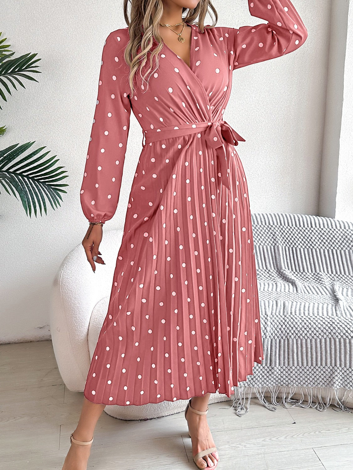 Tied Polka Dot Long Sleeve Midi Dress 291a4f06-0f6a-4103-85dc-da8415b209c0-Max Glownestbest