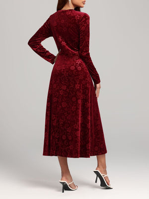 Flower Print V-Neck Long Sleeve Midi Dress 29857bf4-5a9f-4cce-a02d-559dc5e4166d-Max Trendsi