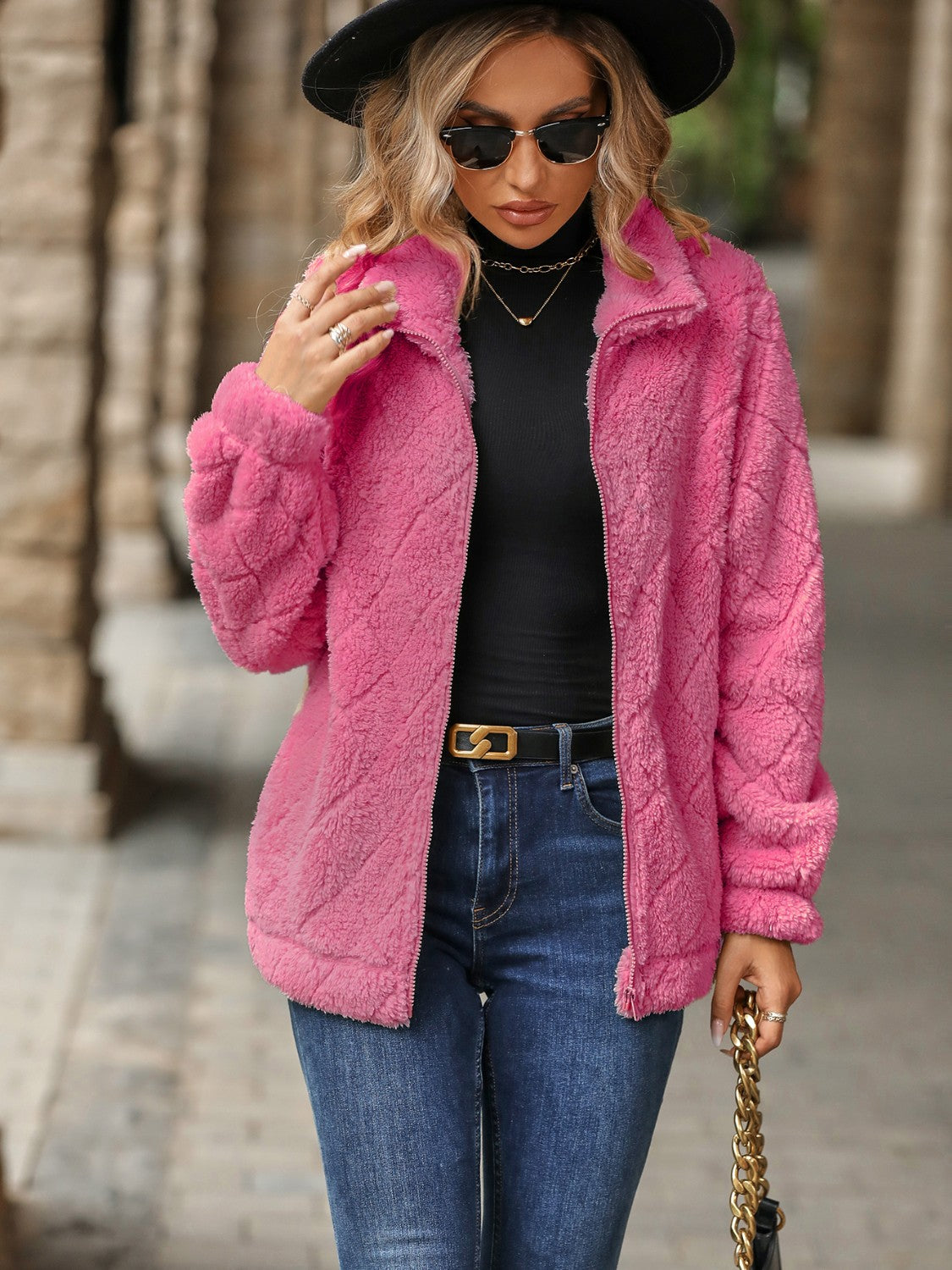 Glownestbest ® | Fuzzy Pocketed Zip Up Jacket Pink 2996ac72-7a3d-438d-93dc-33f46e47f0c4-Max Glownestbest