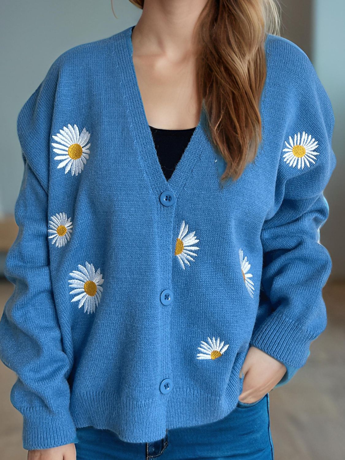 Daisy Button Up V-Neck Cardigan Sky Blue One Size 2a679111-1e94-434d-b1aa-90da3af65f28-Max Glownestbest