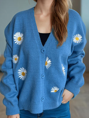 Daisy Button Up V-Neck Cardigan Sky Blue One Size 2a679111-1e94-434d-b1aa-90da3af65f28-Max Glownestbest