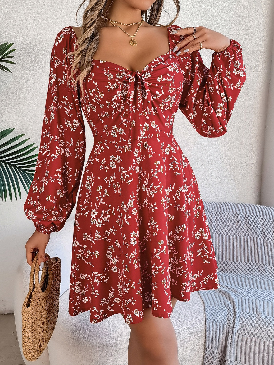 Printed Sweetheart Neck Balloon Sleeve Mini Dress 2a70d59d-e412-4a39-93d9-ced70b473e47-Max Glownestbest
