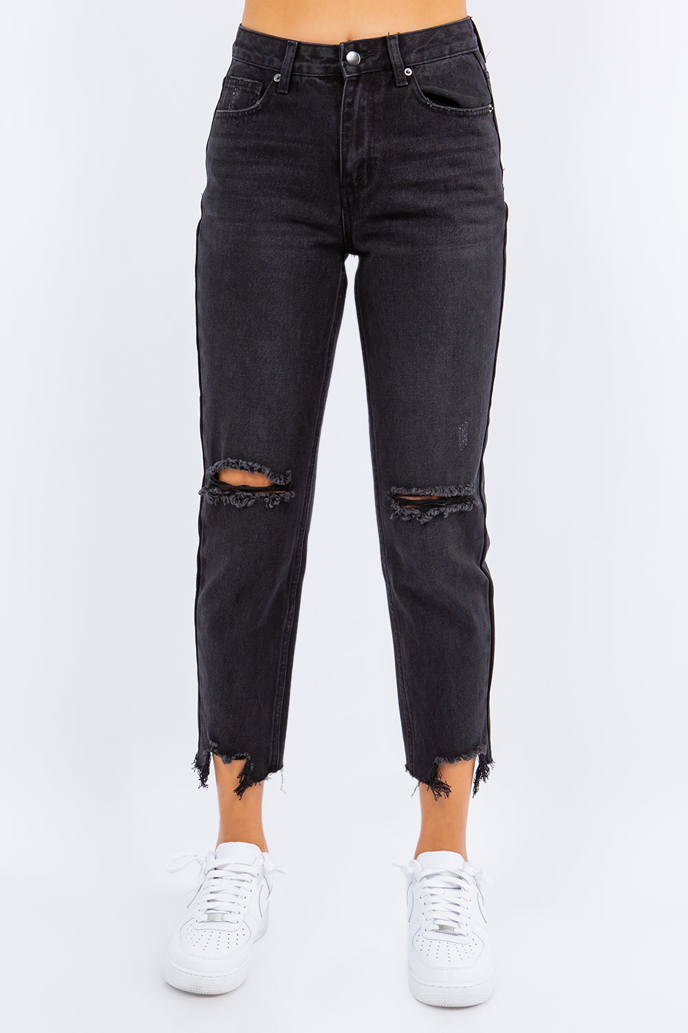 American Bazi High Waist Distressed Cropped Straight Jeans Black 2aa3d16f-91de-4f41-9486-65068751b59b-Max Trendsi