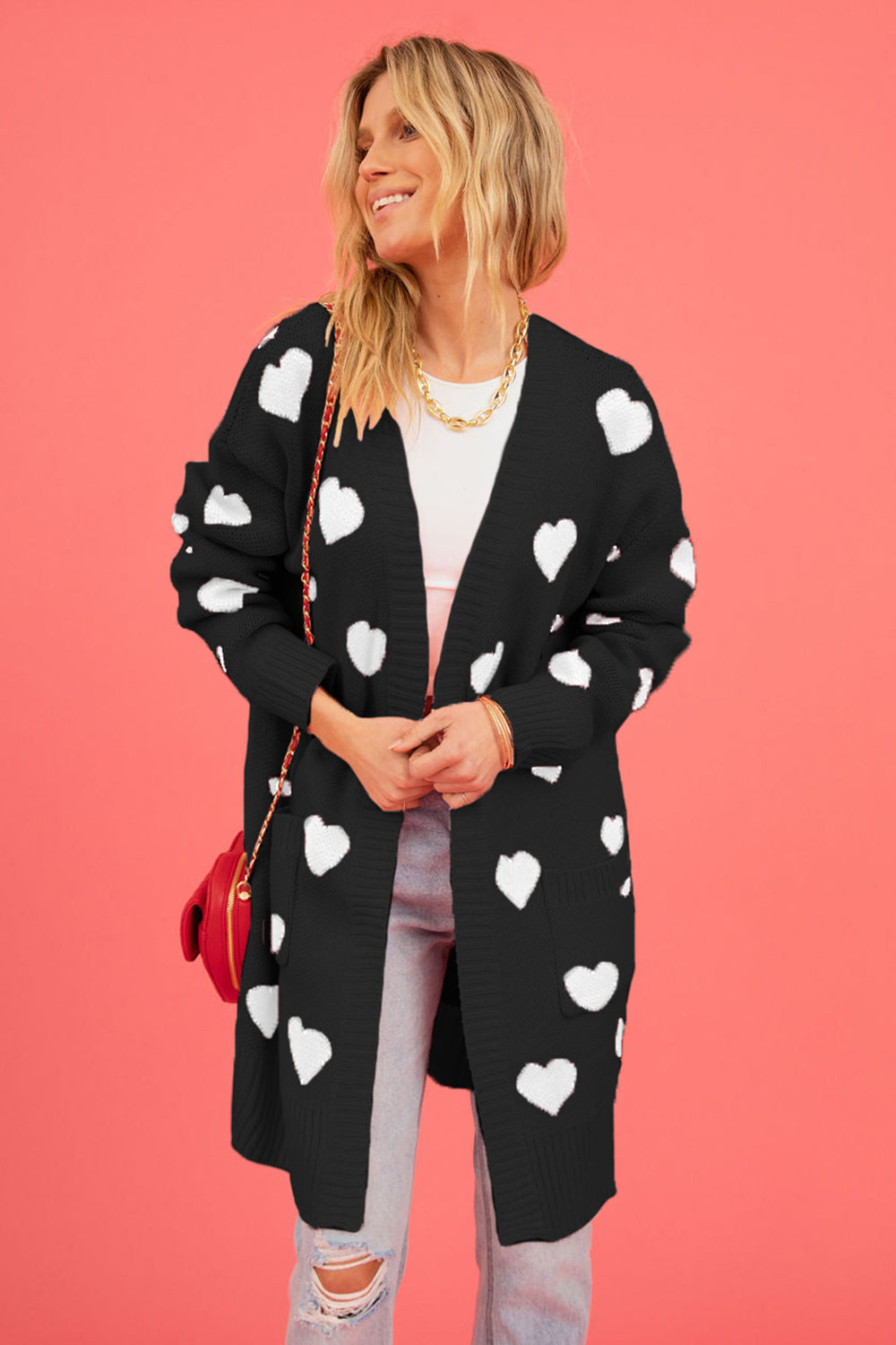 Heart Graphic Open Front Cardigan with Pockets 2ae46bd6786e41e6894b395ee856f7bc-Max Glownestbest