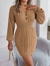 Buttoned Cable-Knit V-Neck Sweater Dress Khaki 2b0e14b6c3664cd7bcf7dc93bccfb2df-Max Glownestbest