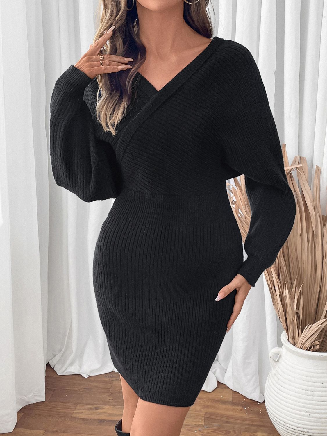 Perfee Surplice Long Sleeve Sweater Dress Black 2b1fc9b0-30f9-4cdc-aa18-da57f195ecb7-Max Glownestbest