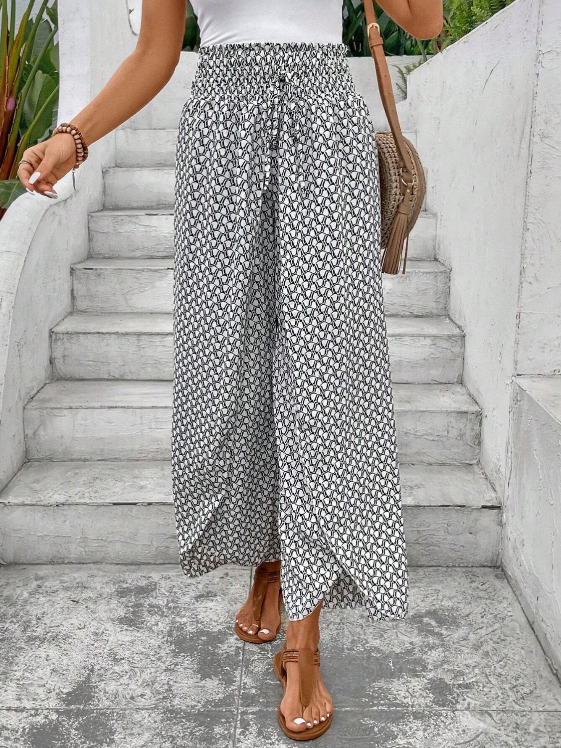 Tied Printed Wide Leg Pants White 2bfa4609-eb73-4f7a-972b-c45810a9ed3f-Max Trendsi