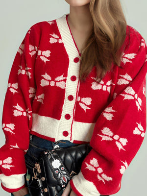 Bow V-Neck Button Down Long Sleeve Cardigan 2c52b67b-a458-4560-8635-f70d7f97f965-Max Glownestbest