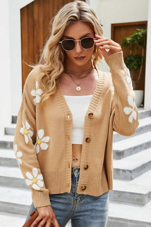 Floral Ribbed Trim Drop Shoulder Cardigan 2c603eb6dbc244c0bb6b692ba8eb7aed-Max Glownestbest