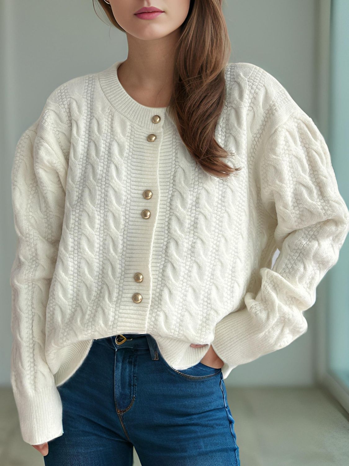 Cable-Knit Round Neck Long Sleeve Cardigan White One Size 2c843d82-ee79-4be5-a623-bfe60c2893da-Max Glownestbest