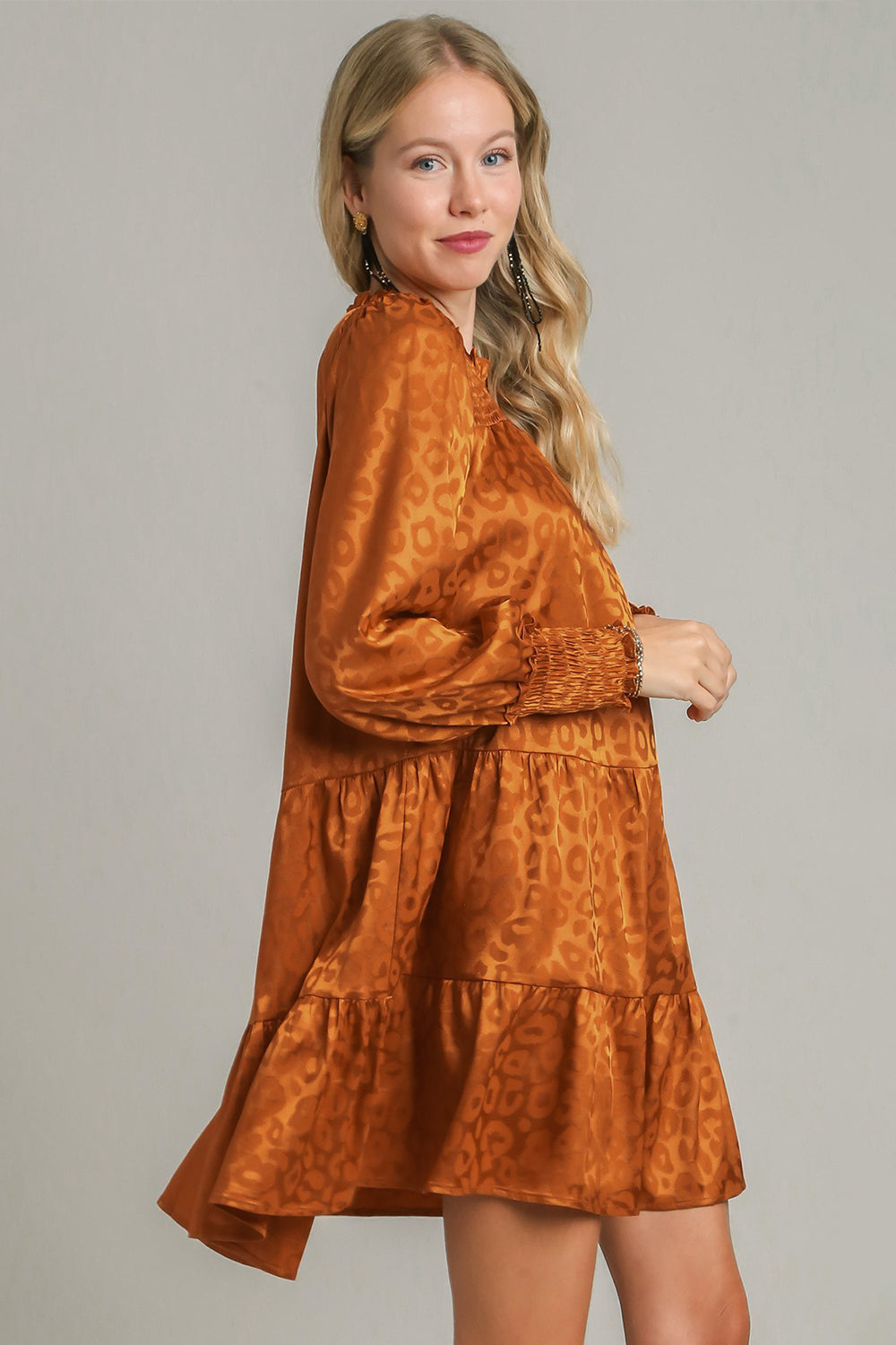 Umgee Smocked Leopard Long Sleeve Tiered Dress 2cde5682-50c0-4112-8457-66e53f0efb3a-Max Trendsi