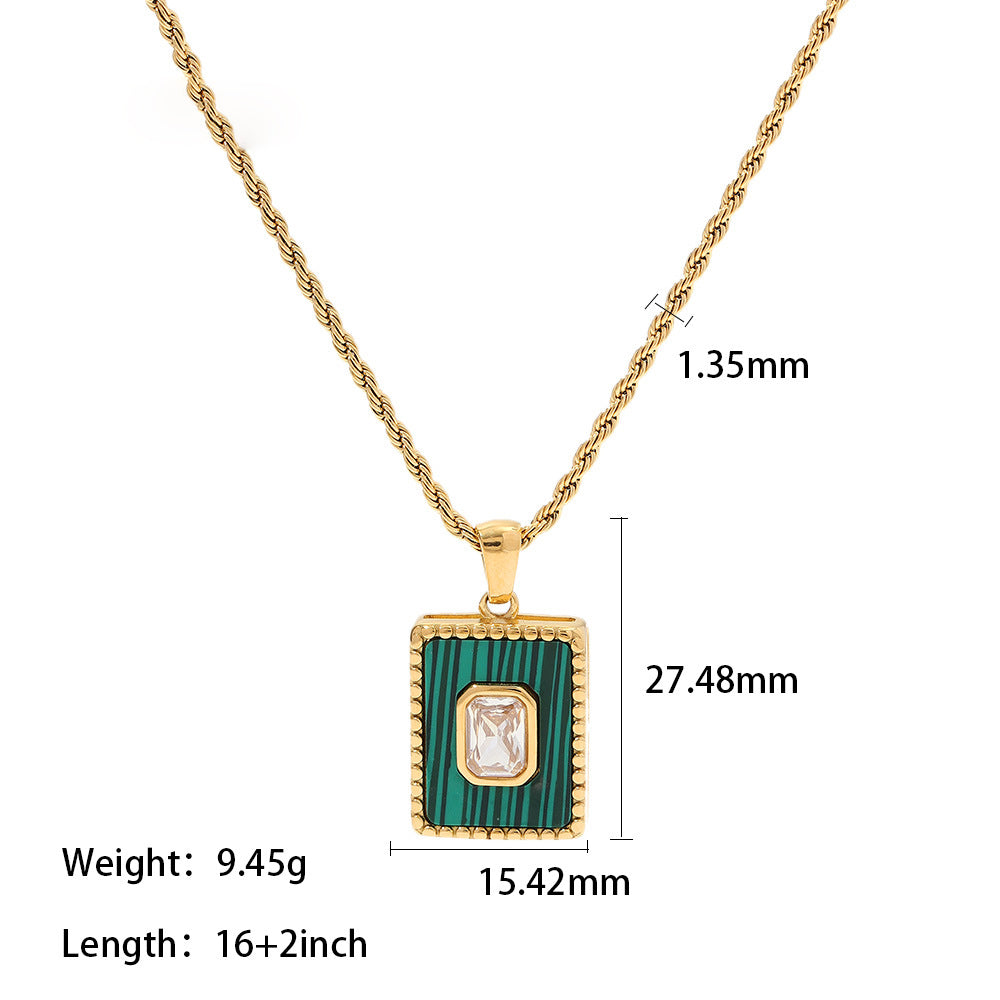 18K Gold Inlaid White Zircon Malachite Twist Chain Square Pendant Necklace 2d0b852f-3df2-4c99-8e7c-122e60b61c80 Artshiney