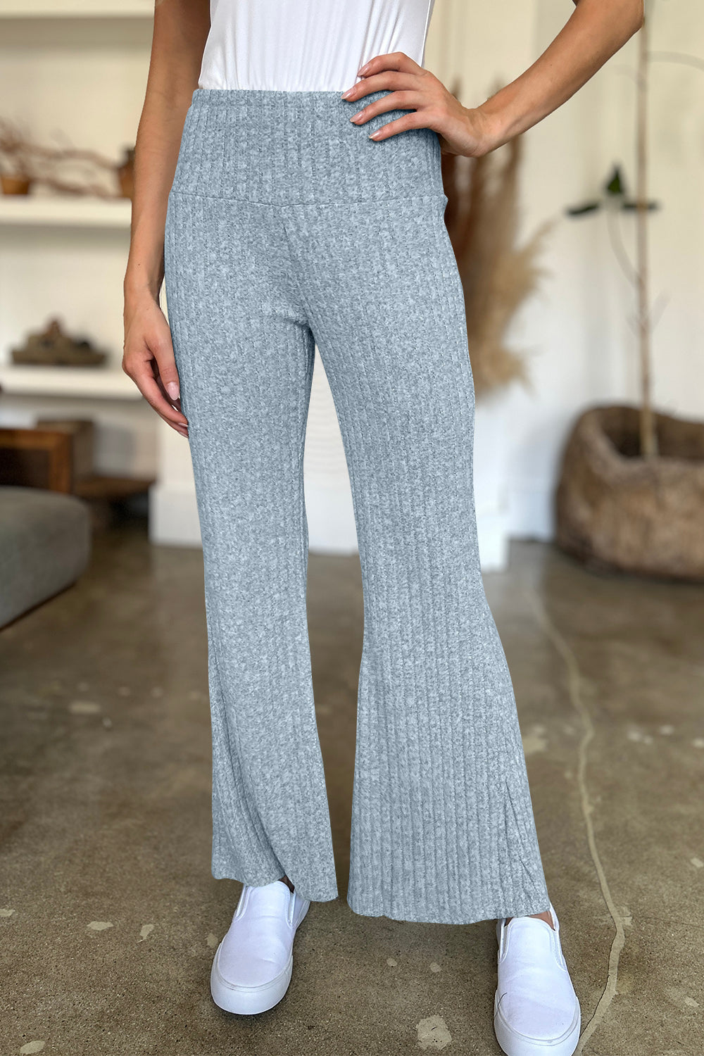 FAM-FAM Ribbed High Waist Flare Pants Light Blue 2d6fee23-4b21-4080-a6b4-5d1d715e7f56-Max Trendsi