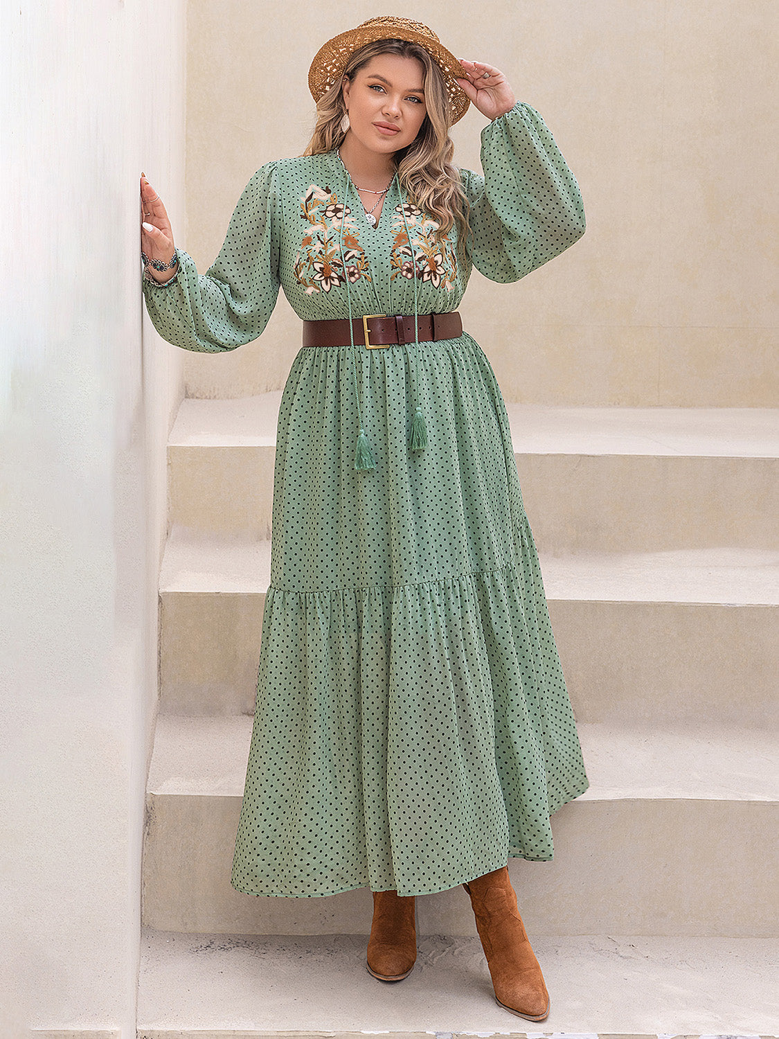 Plus Size Tassel Printed Tie Neck Long Sleeve Midi Dress 2da476e2-97fe-43c7-a09f-03444fa40f18-Max Glownestbest
