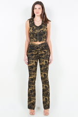American Bazi V-Cut Ruched Camo Flare Pants Olive Camo 2e025fab-0022-4404-a44a-2964210f52be-Max Trendsi