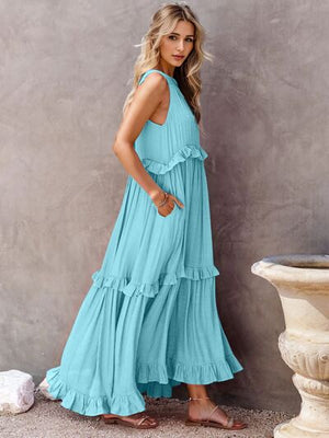 Ruffled Sleeveless Tiered Maxi Dress with Pockets 2e4576b5-5a9d-421f-ad41-138431e1e1f2-Min Glownestbest