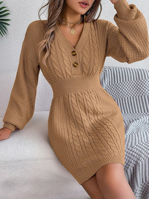 Buttoned Cable-Knit V-Neck Sweater Dress 2e55a832302a43e1bc7df6f2535fd7e1-Max Glownestbest