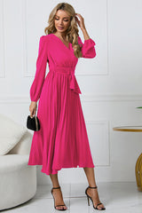 V-Neck Long Sleeve Tie Waist Midi Dress Hot Pink 2edf45600b644275ba90969b252e325d-Max Glownestbest